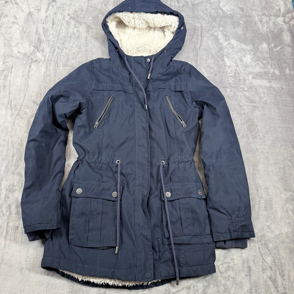 Aeropostale Parka Hooded Jacket Women Medium Navy Blue Sherpa Lined Utility